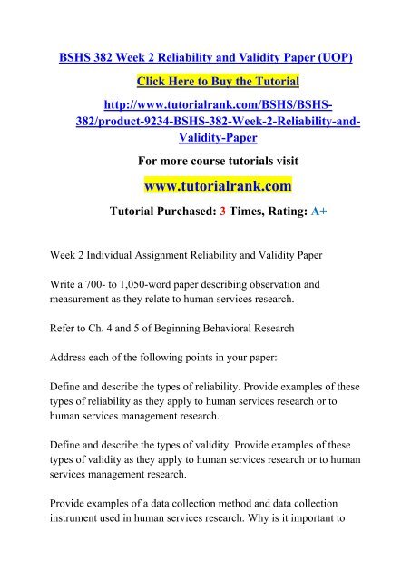 BSHS 382 Week 2 Reliability and Validity Paper (UOP)/TutorialRank