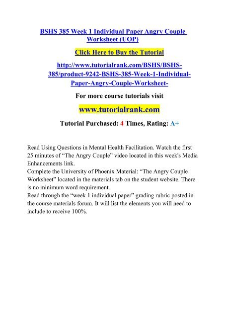 BSHS 385 Week 1 Individual Paper Angry Couple Worksheet (UOP)/TutorialRank