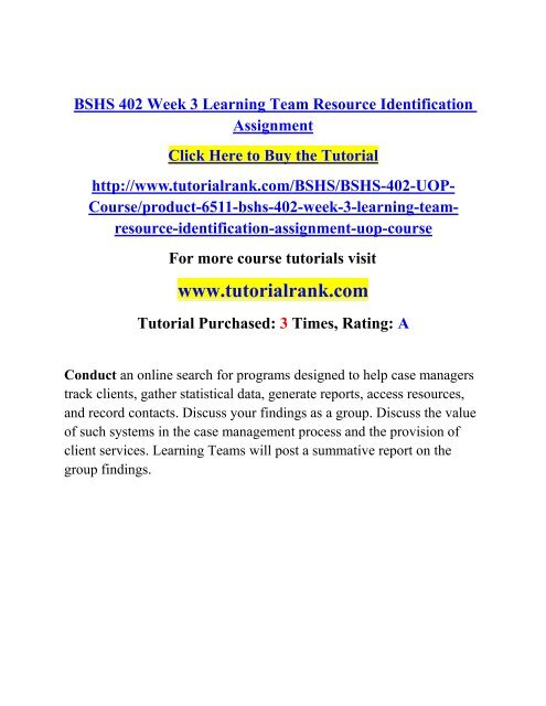 BSHS 402 Week 3 Learning Team Resource Identification Assignment/TutorialRank