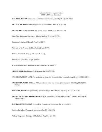 Adventist Review -- Author Index 2002, v. 179, July ... - ar home