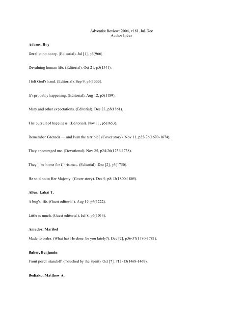 Adventist Review: 2004, v181, Jul-Dec Author Index ... - ar home