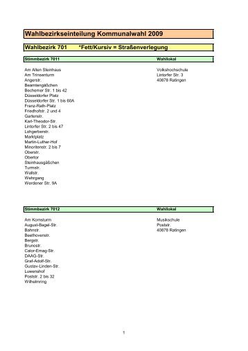 Wahlbezirkseinteilung Kommunalwahl 2009 - FDP Ratingen