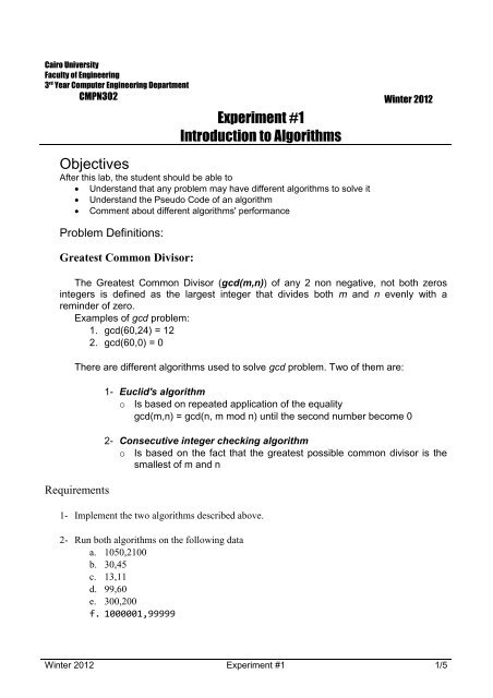 Objectives Experiment #1 Introduction to Algorithms