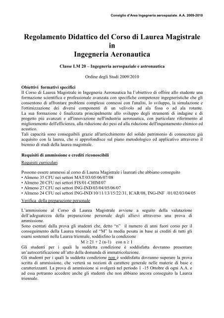 Regolamento Didattico del Corso di Laurea Magistrale in Ingegneria  Aeronautica