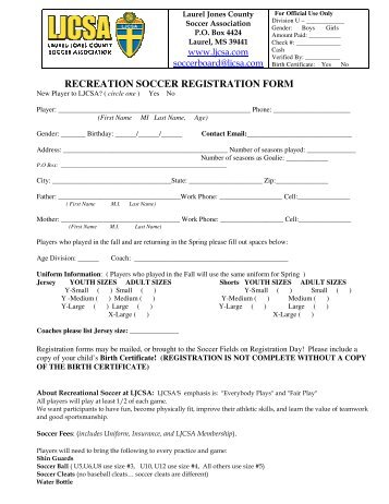 RECREATION SOCCER REGISTRATION FORM