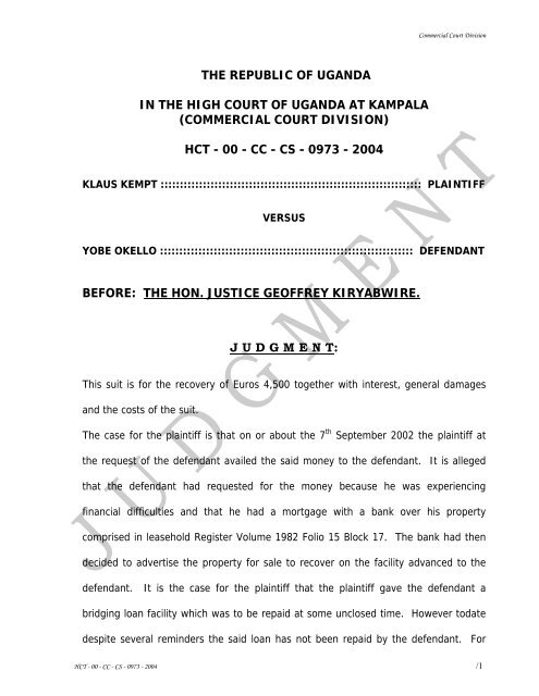 Klaus Kempt V Yobe Okello - Hon. Justice Kiryabwire Geoffrey