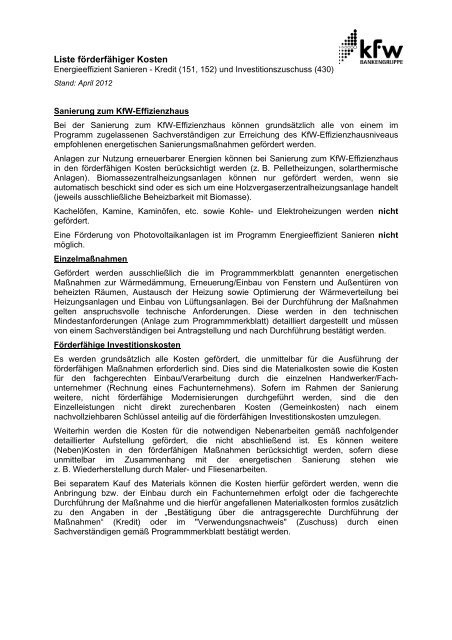 Liste förderfähiger Kosten (PDF) - KfW