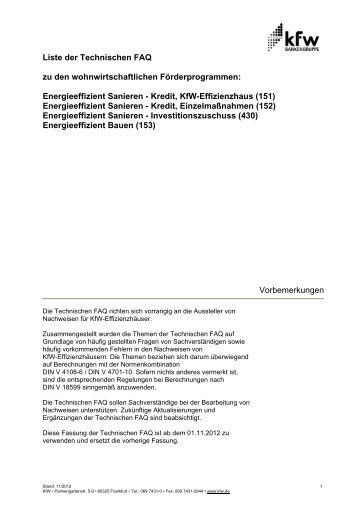 Liste der Technischen FAQ zu den wohnwirtschaftlichen - KfW