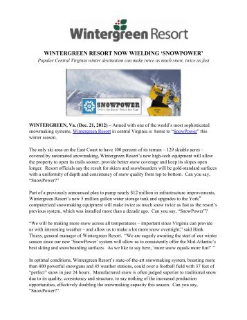 WINTERGREEN RESORT NOW WIELDING ‘SNOWPOWER’