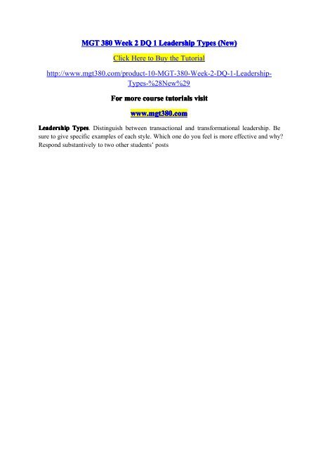 MGT 380 Week 2 DQ 1 Leadership Types (New)