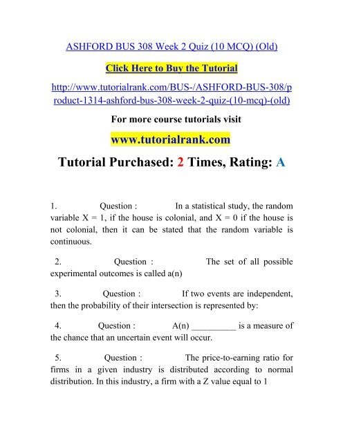 ASHFORD BUS 308 Week 2 Quiz/ Tutorialrank