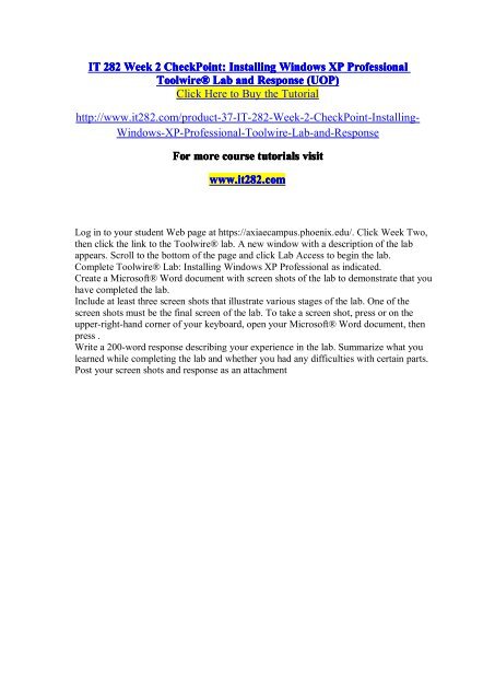 IT 282 Week 2 CheckPoint Installing Windows XP Professional Toolwire ...