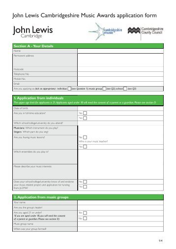 John Lewis Cambridgeshire Music Awards application form