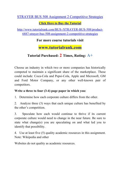 STRAYER BUS 508 Assignment 2 Competitive Strategies/ Tutorialrank