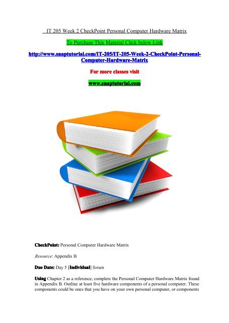 IT 205 Week 2 CheckPoint Personal Computer Hardware Matrix/snaptutorial