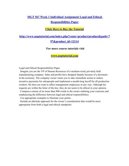 MGT 567 Week 1 Individual Assignment Legal and Ethical Responsibilities Paper/Uoptutorial