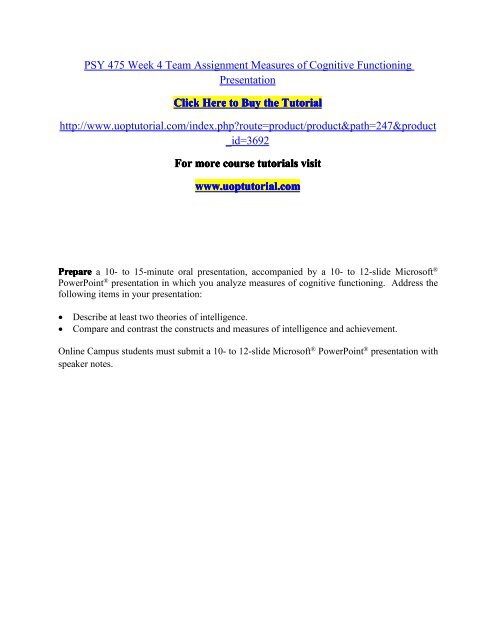 PSY 475 Week 4 Team Assignment Measures of Cognitive Functioning ...