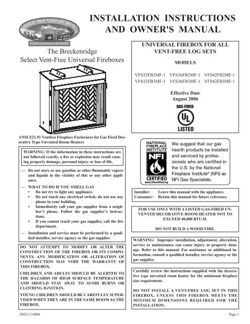 INSTALLATION INSTRUCTIONS AND OWNER'S MANUAL