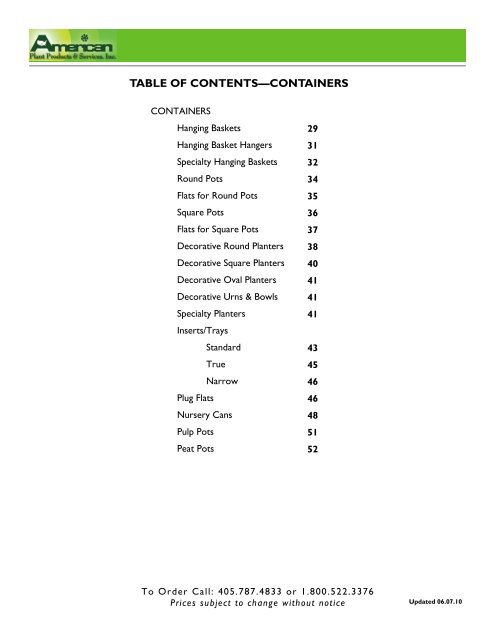 TABLE OF CONTENTS—CONTAINERS