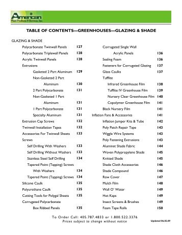 TABLE OF CONTENTS—GREENHOUSES—GLAZING & SHADE