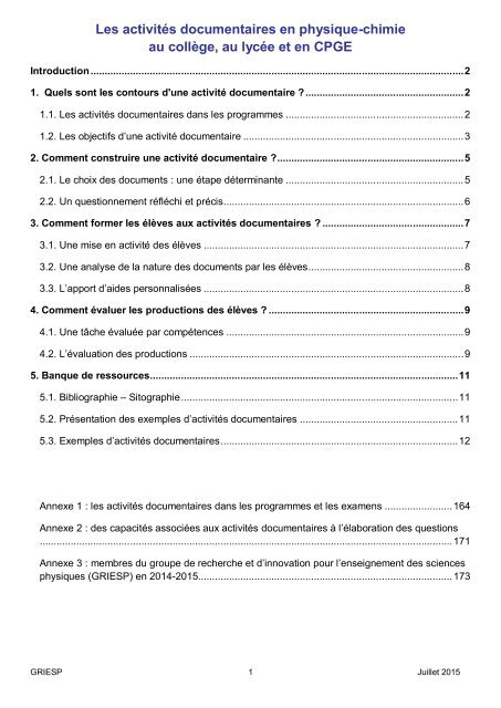 Les Activites Documentaires En Physique Chimie Au College Au Lycee Et En Cpge