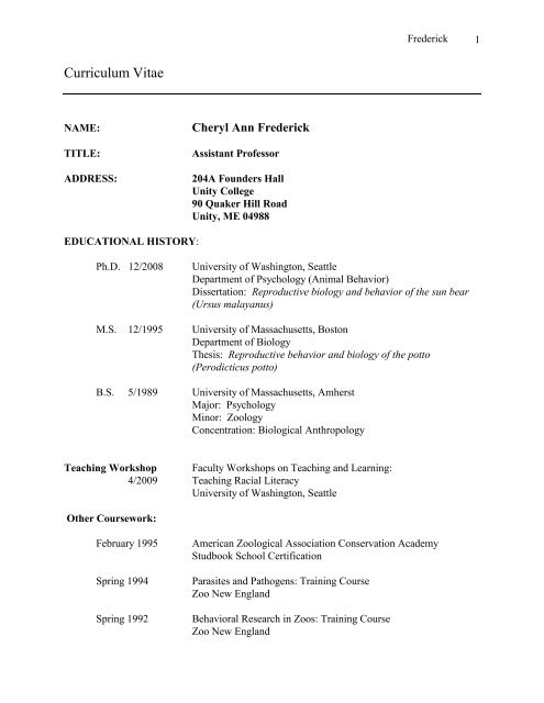 Cheryl Frederick CV.pdf - Unity College