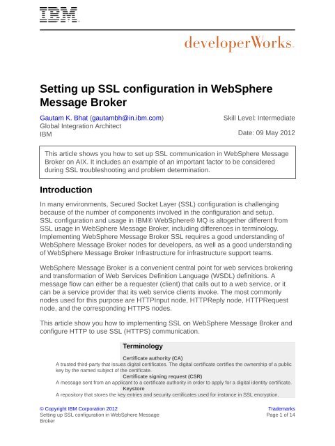 Setting up SSL configuration in WebSphere Message Broker - IBM