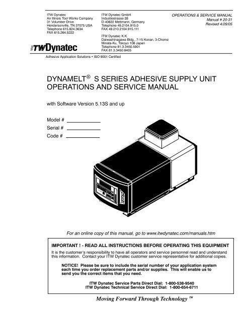 DYNAMELT S SERIES ADHESIVE SUPPLY UNIT OPERATIONS AND SERVICE MANUAL