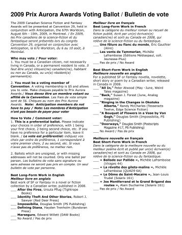 2009 Prix Aurora Awards Voting Ballot / Bulletin de vote