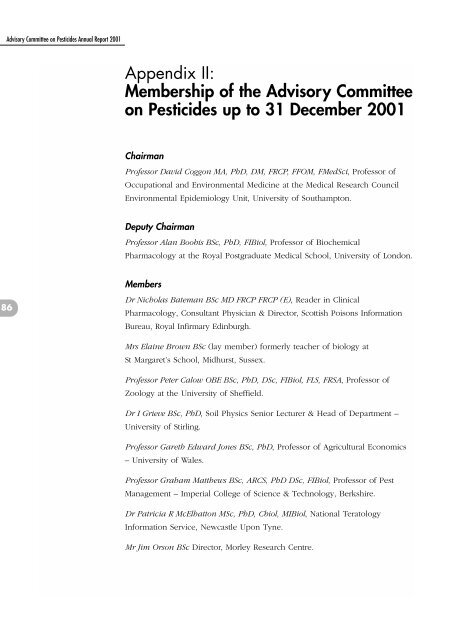 Advisory Committee on Pesticides Annual Report 2001