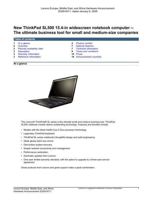 New ThinkPad SL500 15.4-in widescreen notebook computer ... - IBM