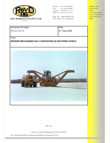 21 April 2008 Topic MODERN MECHANIZED SALT HARVESTING IN SOUTHERN AFRICA