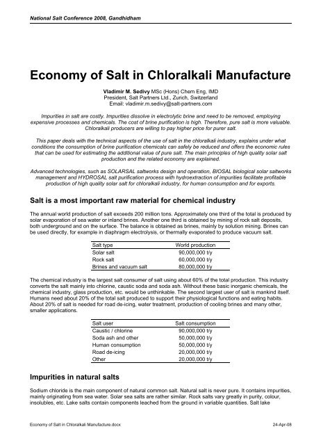 Economy of Salt in Chloralkali Manufacture