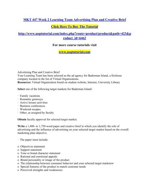 MKT 447 Week 2 Learning Team Advertising Plan and Creative Brief ...