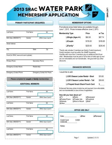 Water Park Season Pass Application - Spearfish Rec & Aquatic Center