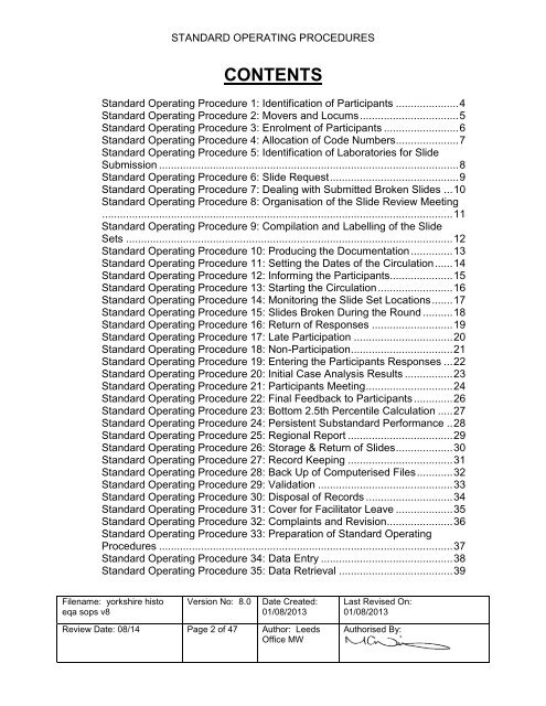 SOPs for the Yorkshire General Histopathology EQA Scheme