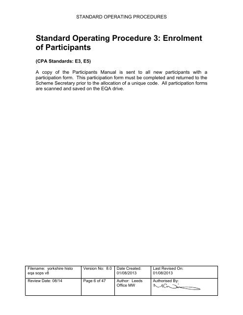 SOPs for the Yorkshire General Histopathology EQA Scheme