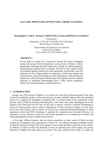 Electric Propulsion Options for a Probe to Europa - MissionAnalysis ...