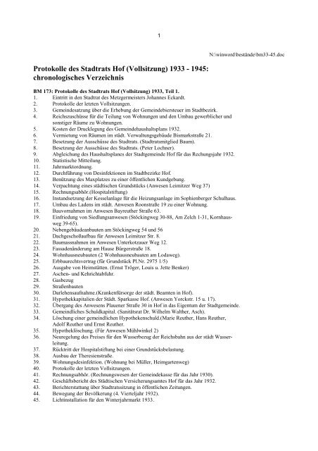 Protokolle des Stadtrats Hof (Vollsitzung) 1933 - 1945 - Stadt Hof