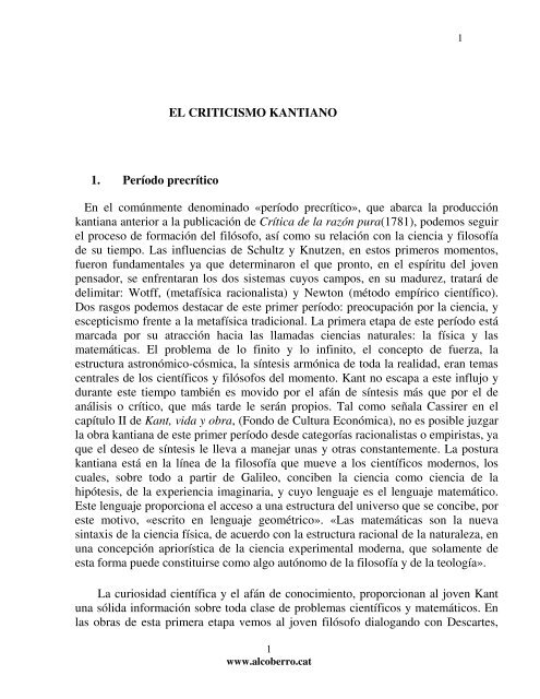 EL CRITICISMO KANTIANO 1. PerÃ­odo precrÃ­tico En el comÃºnmente ...