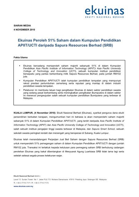 Ekuinas Peroleh 51% Saham dalam Kumpulan Pendidikan APIIT 