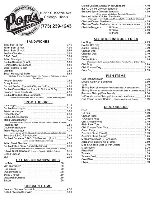 Kedzie Pops food menu - Pop's Beef