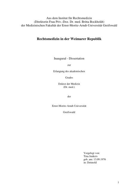 Rechtsmedizin In Der Weimarer Republik Ernst Moritz Arndt