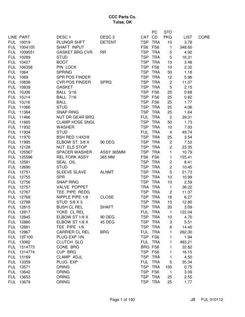 CCC Parts Co. Tulsa, OK LINE PART DESC 1 DESC 2 CAT PC CD ...