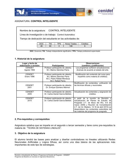 ASIGNATURA: CONTROL INTELIGENTE Nombre de la ... - Cenidet