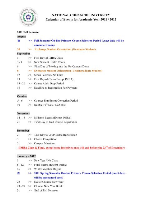 Calendar of Events for Academic Year 2006 / 2007