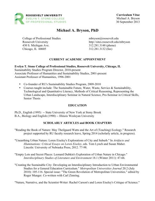 Michael A. Bryson, PhD - Roosevelt University Sites