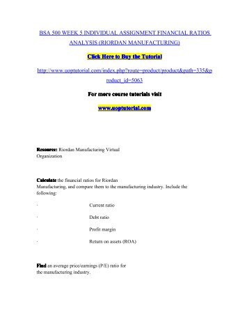 BSA 500 WEEK 5 INDIVIDUAL ASSIGNMENT FINANCIAL RATIOS ANALYSIS (RIORDAN MANUFACTURING)/Uoptutorial