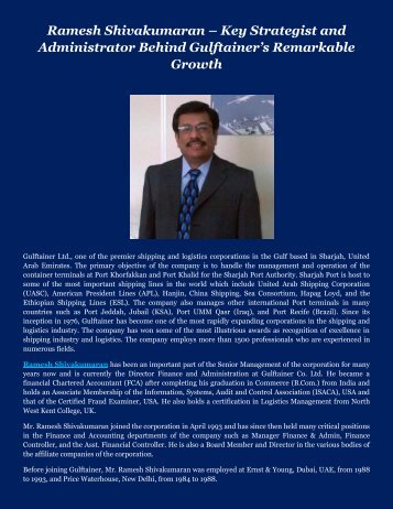 Ramesh Shivakumaran – Key Strategist and Administrator Behind Gulftainer’s Remarkable Growth