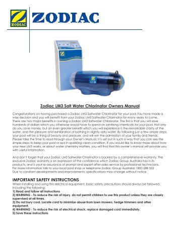 Zodiac LM3 Salt Water Chlorinator Owners Manual IMPORTANT SAFETY INSTRUCTIONS